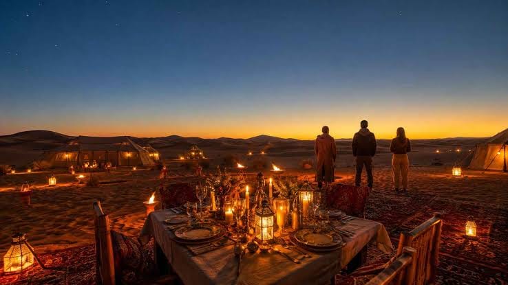 A candlelit dinner table set on carpets at a desert camp with three people watching the sunset over dunes
