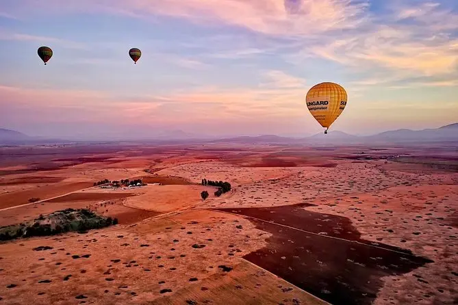 Hot air balloon basket high above Marrakech palmeries at dawn